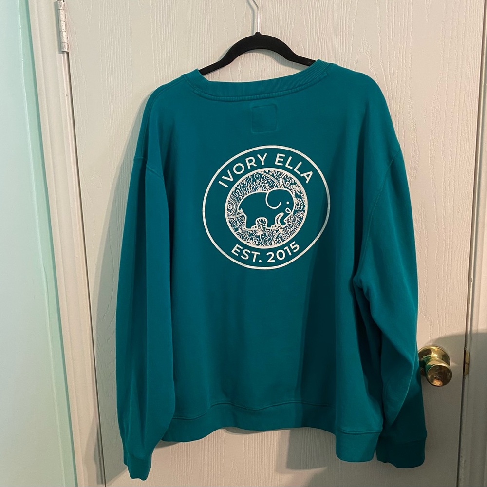 NWOT Ivory Ella Crew Neck Organic Cotton Elephant Sweatshirt Blue Green XXL